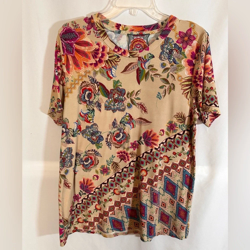 Johnny Was Zaki Patchwork Bamboo Tee Floral Geometric Mixed Print Tan Large - Picture 1 of 7